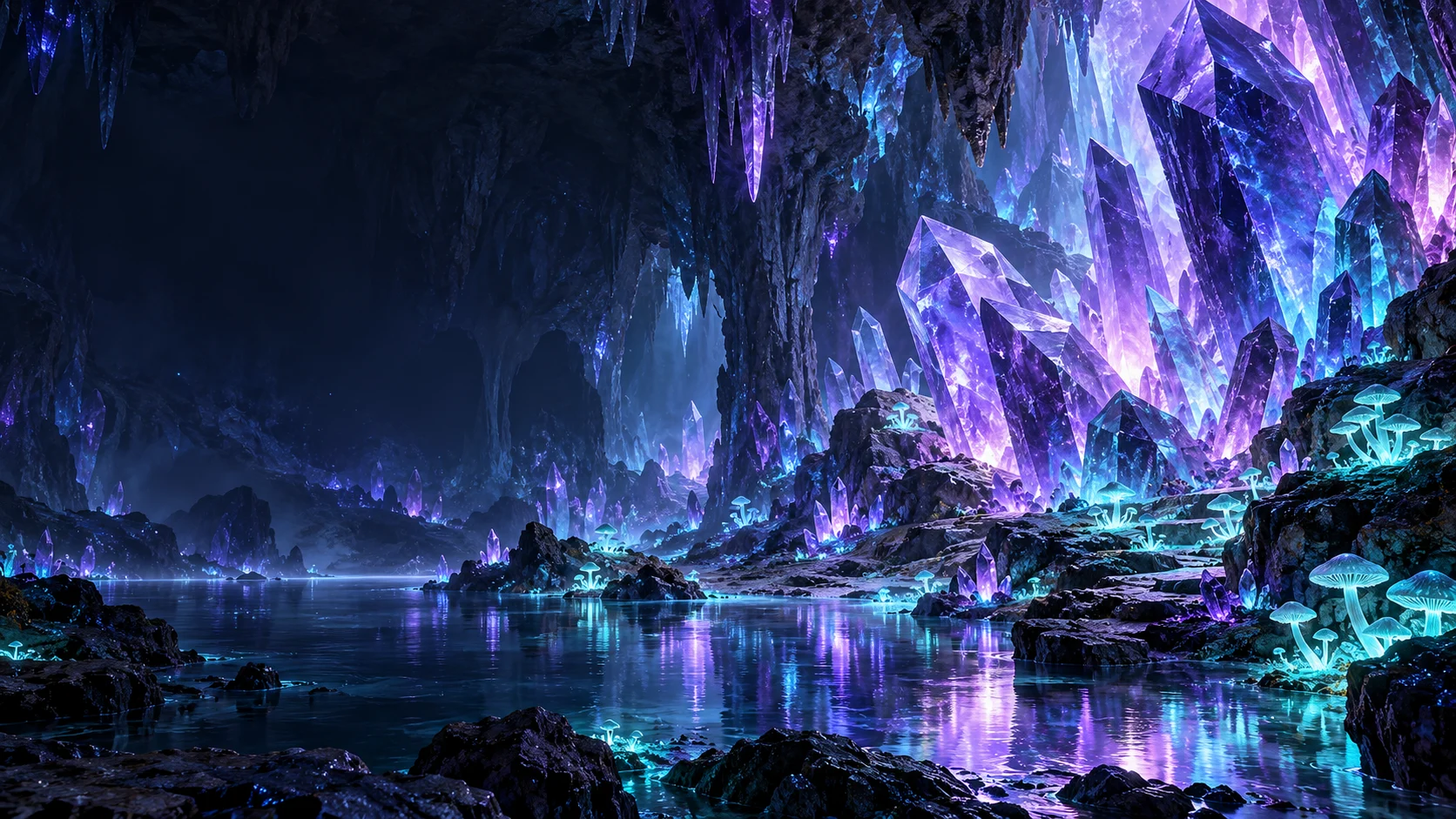 Bioluminescent Grotto — ink-painted or illustrated environment