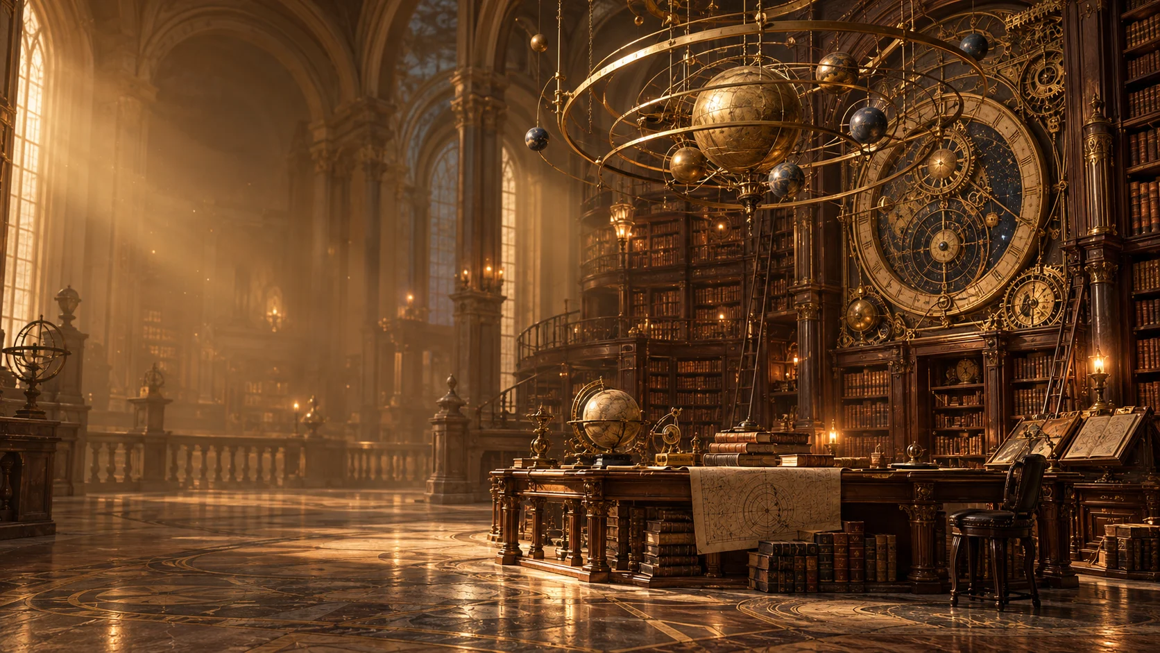 Clockwork Archive — ink-painted or illustrated environment