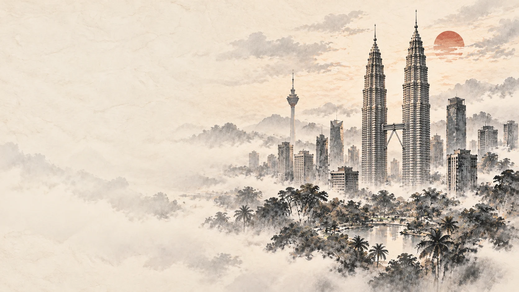 双峰入云 · Kuala Lumpur — ink-painted or illustrated environment