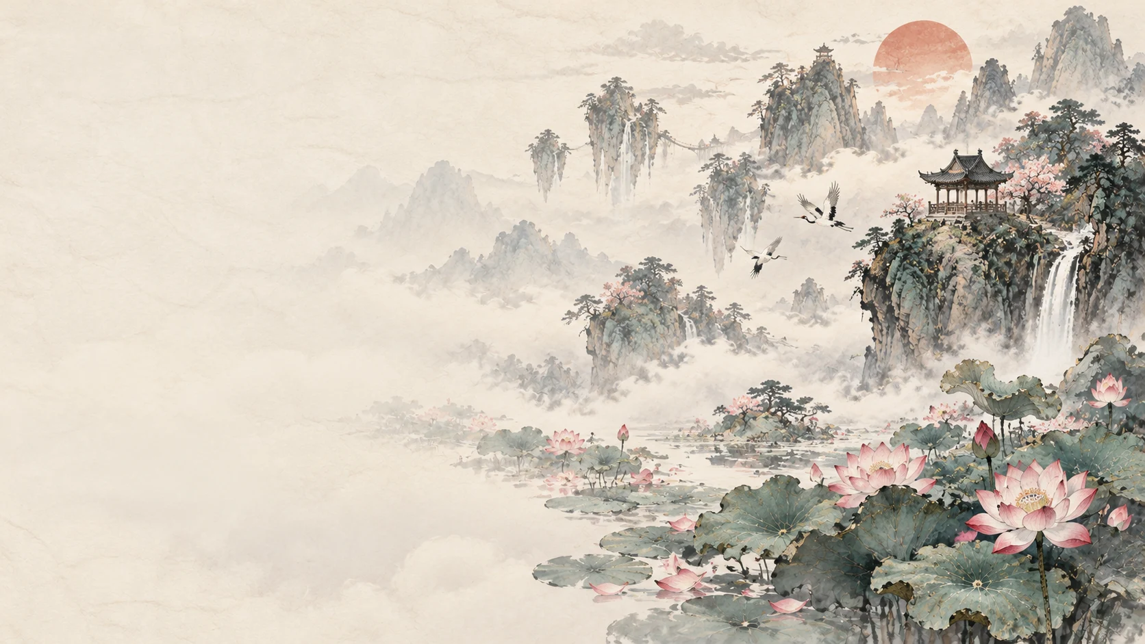 青莲灵境 · Lotus Sanctuary — ink-painted or illustrated environment