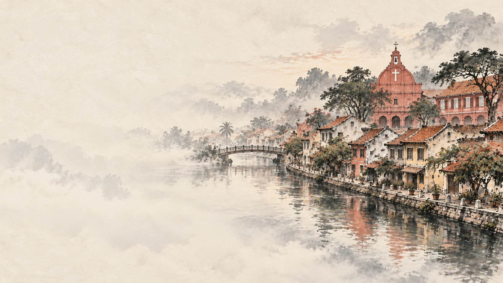 马六甲烟雨 · Melaka Riverside — ink-painted or illustrated environment