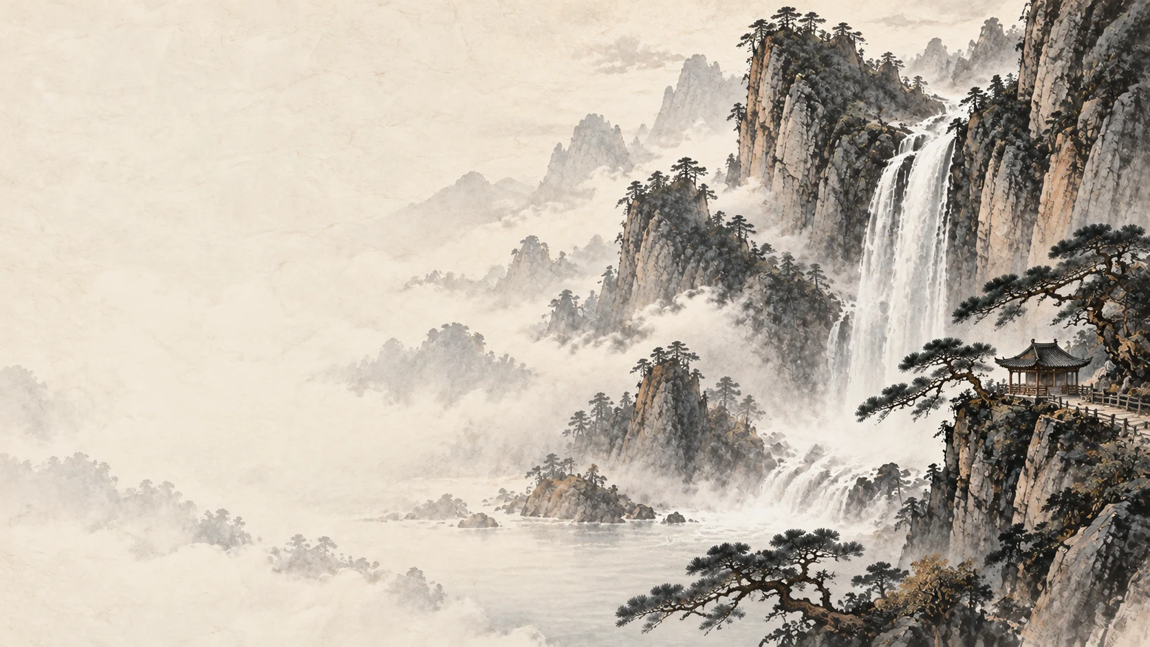 松风听瀑 · Pine and Waterfall — ink-painted or illustrated environment
