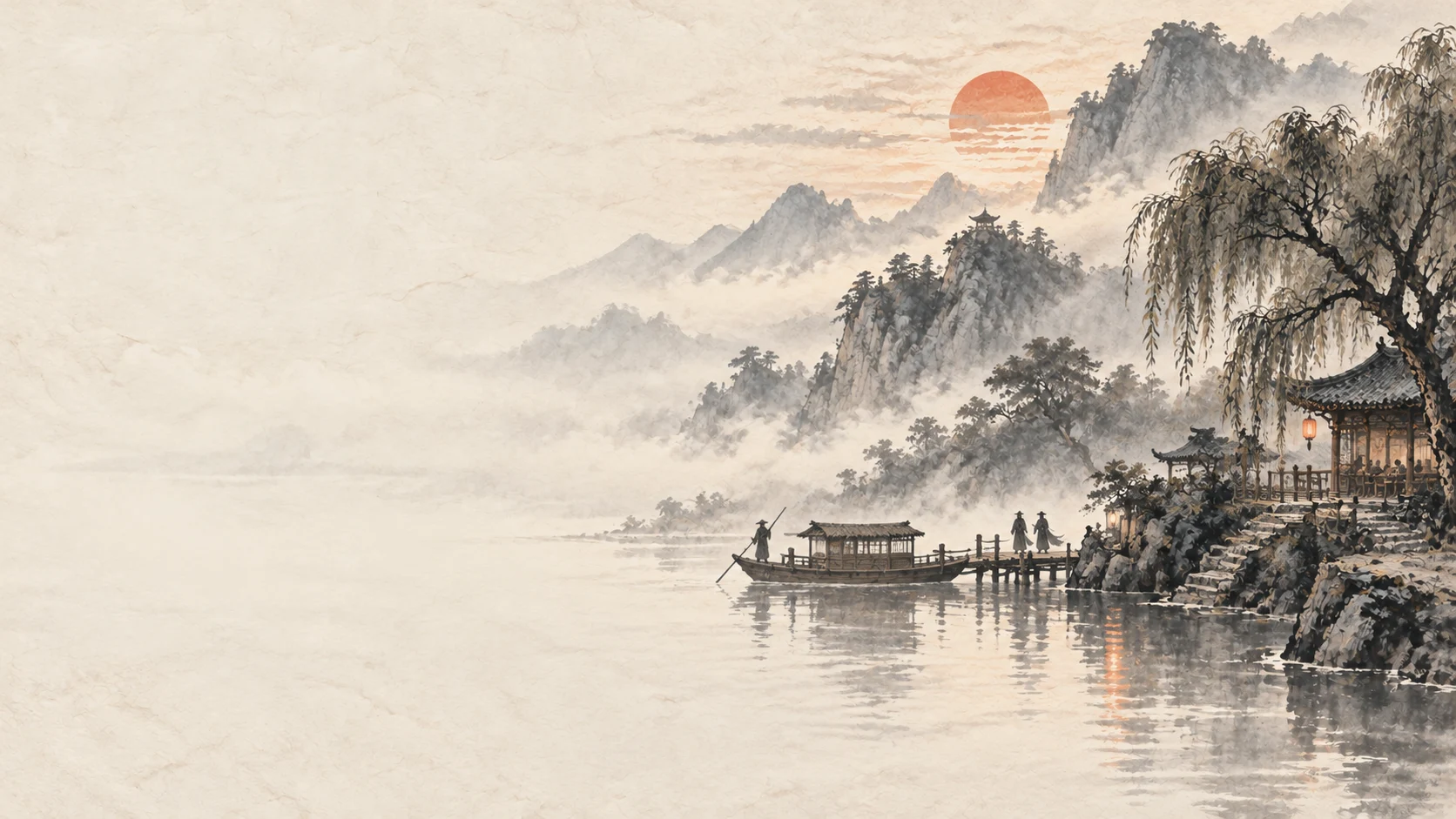 江湖渡口 · Riverside Ferry — ink-painted or illustrated environment