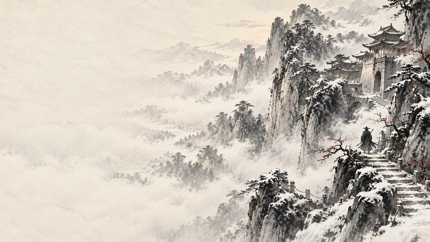 雪岭藏锋 · Snowbound Blade — ink-painted or illustrated environment