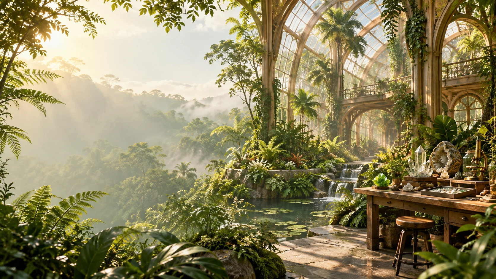 Verdant Glasshouse — ink-painted or illustrated environment